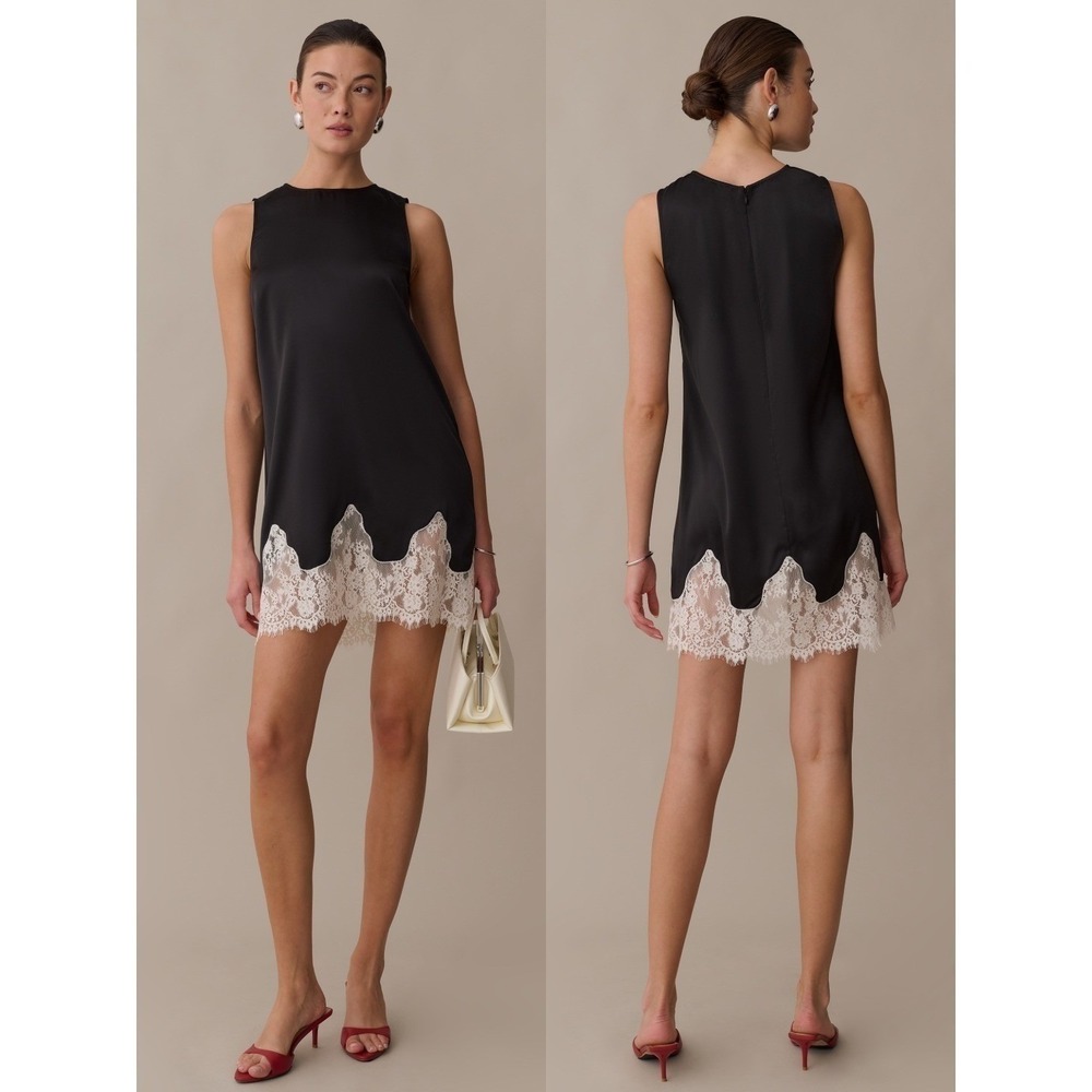 NWT Kourt Yasmin Satin Lace Hem Mini Dress in Black - Size Large